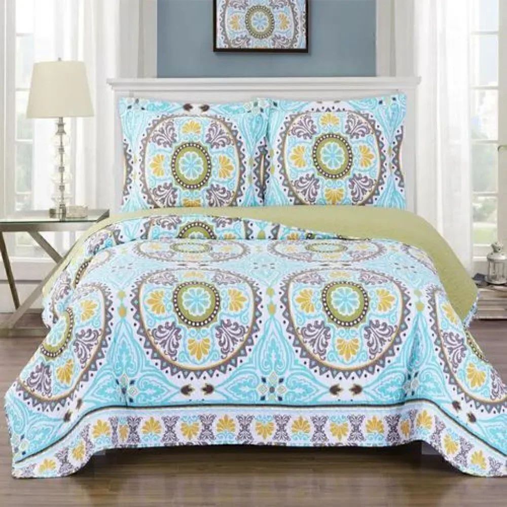 Farmhouse BOHO Medallion Floral Printed QUEEN Quilt Set Cottagecore Bedding